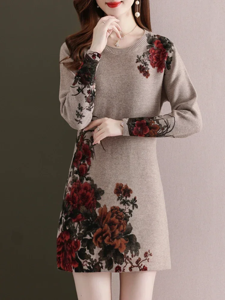 

100% Wool Floral Print Sweater Dress Autumn Winter Korean Fashion Women Clothing Pullover O Neck Women's Sweaters Dresses