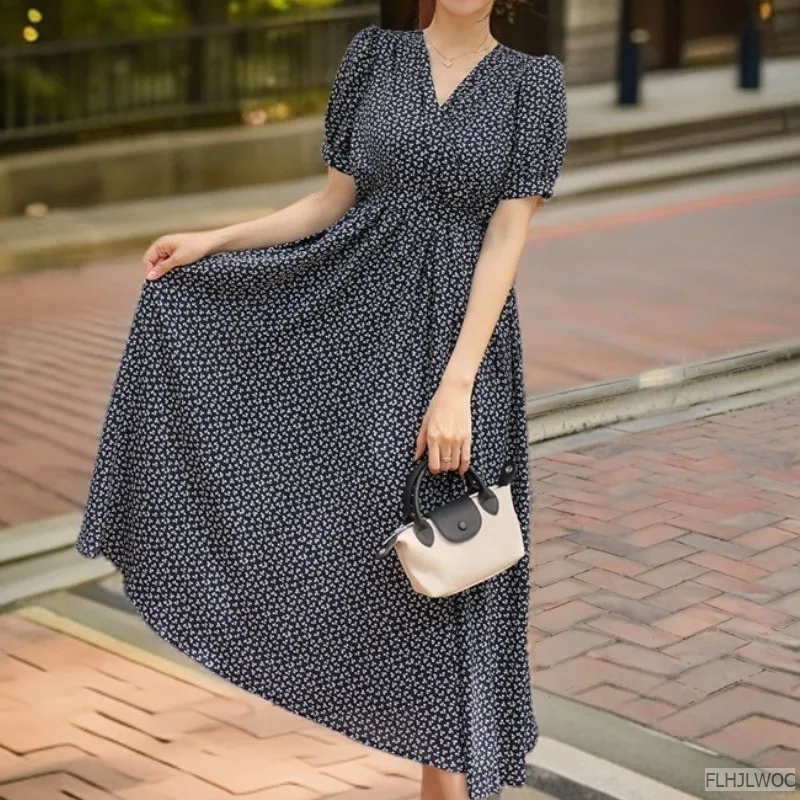 Женское длинное платье с цветочным принтом элегантное черное шикарное корейское