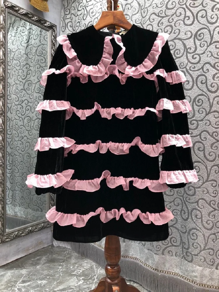 Top Quality New Autumn Winter Dress Women Peter Pan Collar Cascading Ruffle Lace Deco Long Sleeve Black Pink Silk Velvet Dress