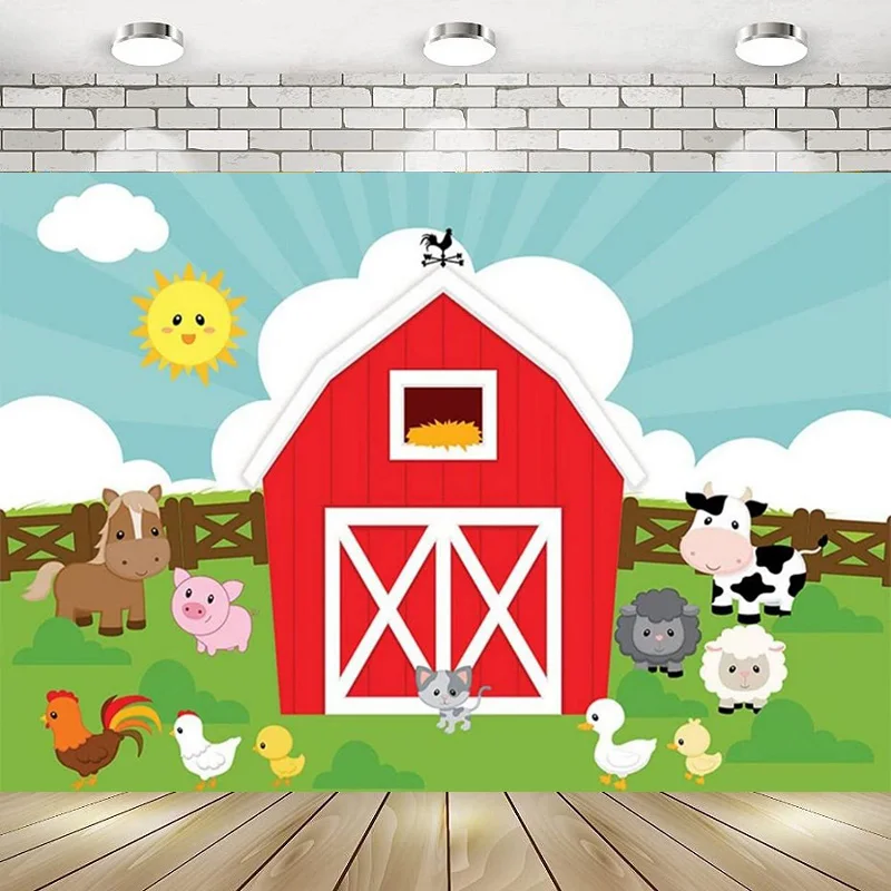 

Farm Red Barn Cartoon Rustic Animals Green Grass Sky Happy Birthday Party Photography Backdrop Background Banner Decoration