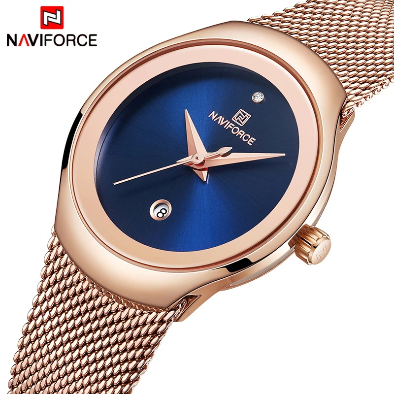 Фото NAVIFORCE женские часы, роскошные брендовые модные повседневные женские кварцевые наручные часы, розовое золото, нержавеющая сталь, сетчатые часы для девочек №2
