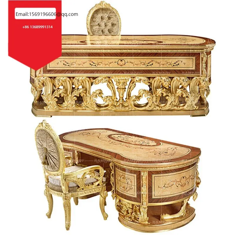 

European style solid wood desk villa study computer desk luxury gold foil art mosaic office desk writing desk