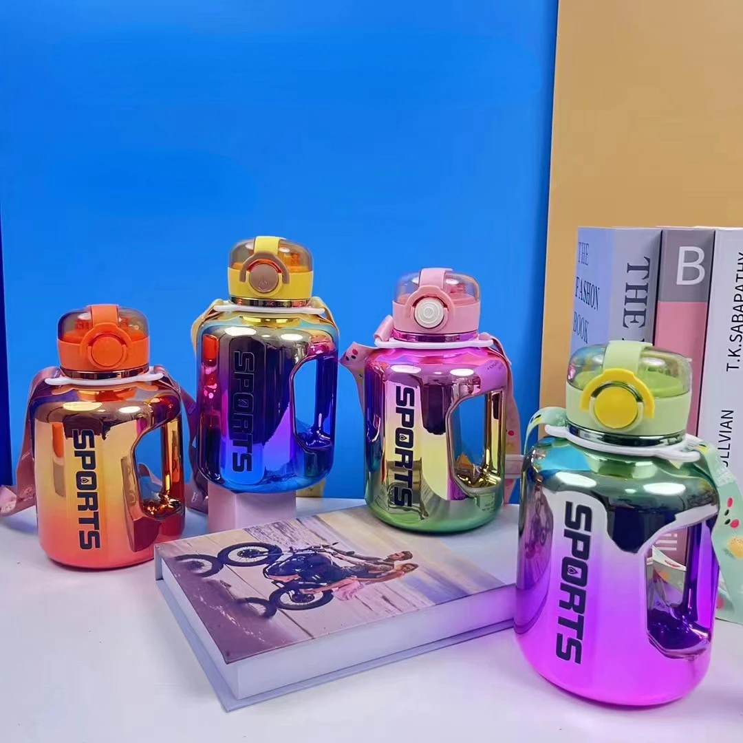 

1 PC Electroplated Metallic Sports Bottle 1L Large Capacity Silicone Straw Water Bottle Portable Outdoor Mug with Free Cup Brush