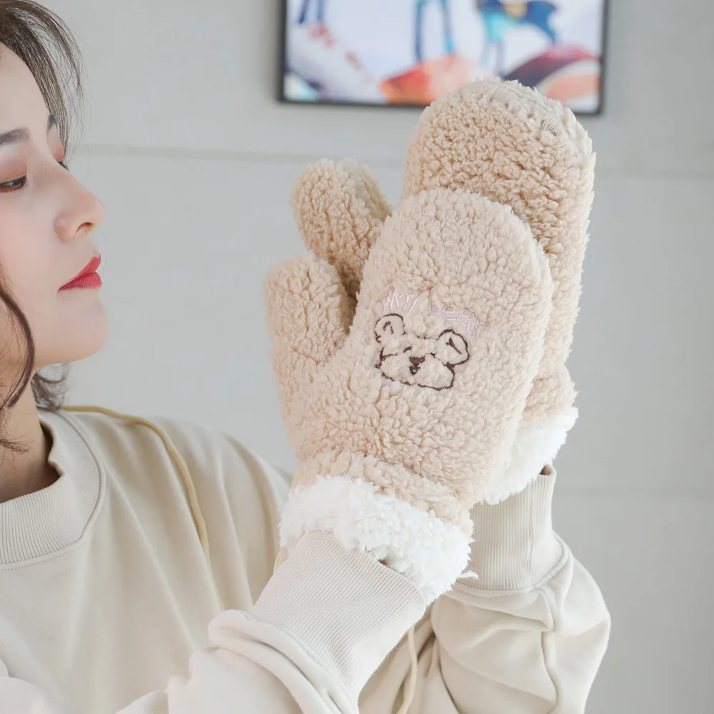 

Cute Cartoon Bear Lambswool Full Finger Gloves Women Halter Winter Comfortable Plus Velvet Warm Hand Cycling Accessories
