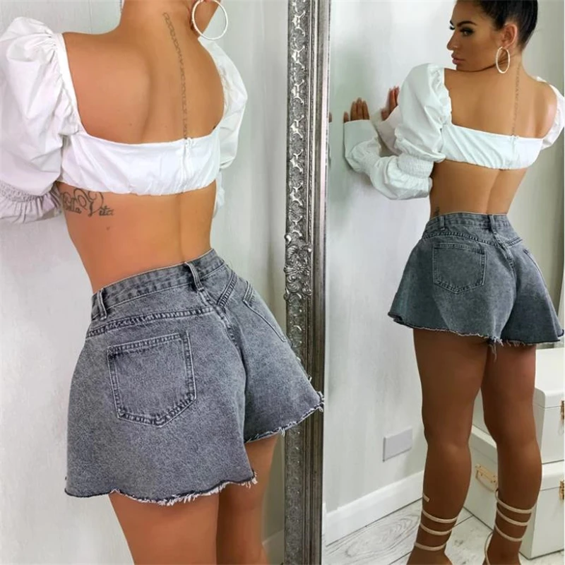 

Women Loose Style Shorts Solid Color Mid Waist Cutting Edge Flared Denim Shorts Fahiong Femme High Streetwear Pantalones Cortos