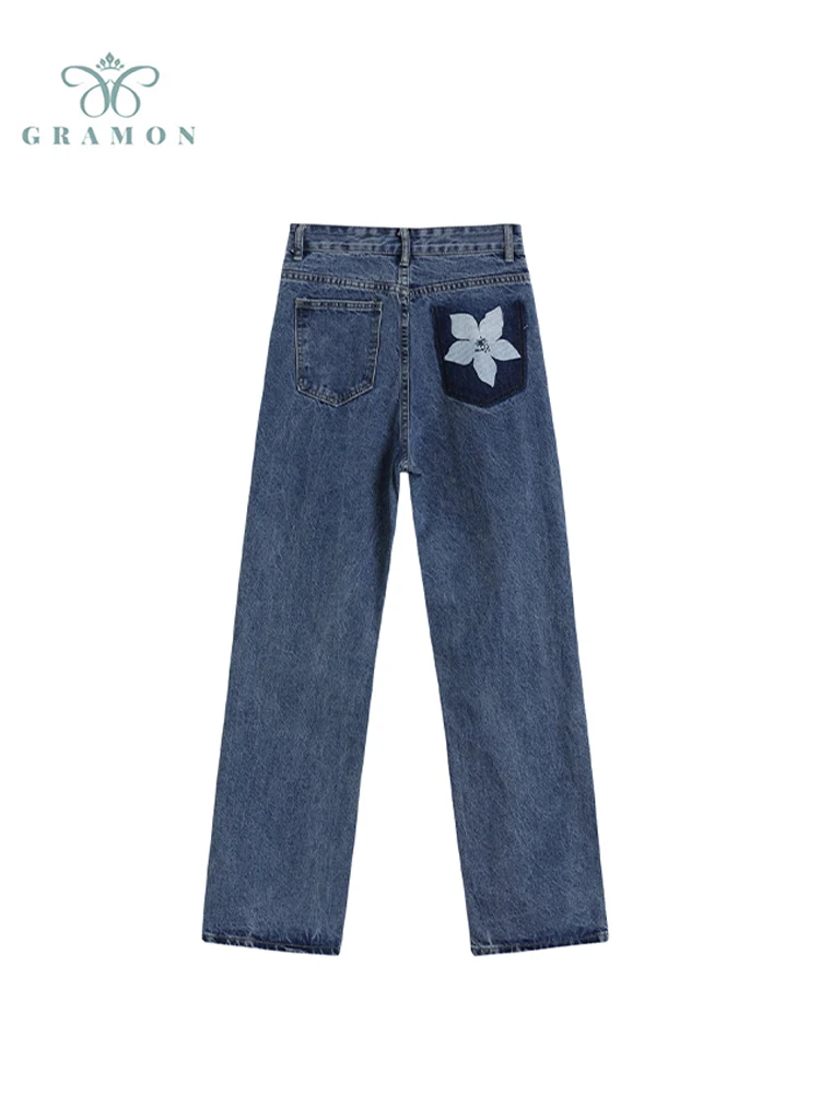 

Women Solid Color Pant High Waist Denim Pants 2022 Female Wide Leg Blue Jeans Vintage Quality Fashion Straight Leg Denim Trouser