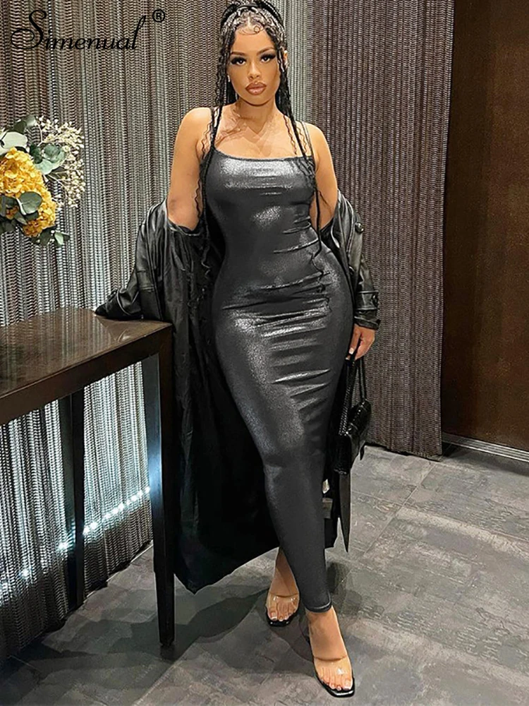 

Simenual Faux Pu Leather Fashion Straps Gown Women Sexy Backless Slim Bodycon Elegant Dresses Midnight Party Club Clothing Mujer