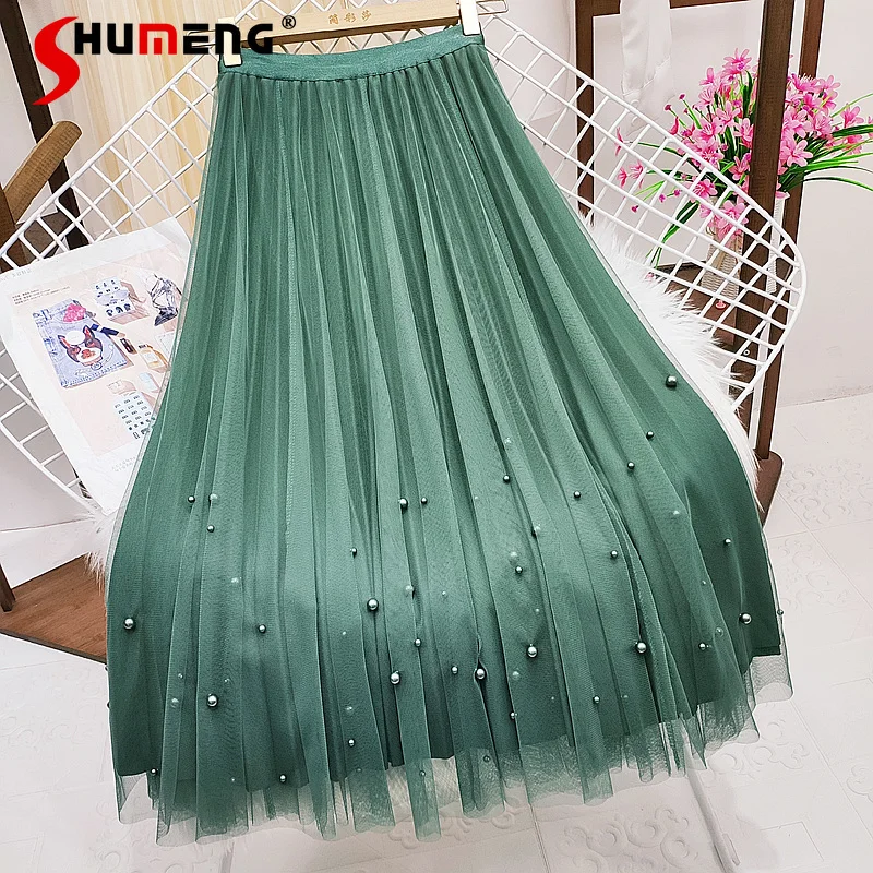 

Women's Double-Sided High Waist Slimming Patchwork Large Swing Green Skirts Elegant Beaded Tulle Mid-Length Pleated Long Skirt