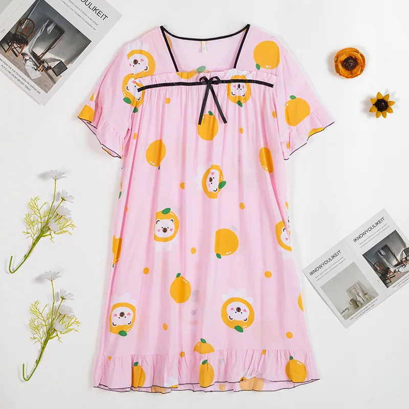 

Square Collar Homedress Night Dress Short Sleeve Women Homewear Nightgown Bow Nightwear Cotton Printing Flower Sleep Dress