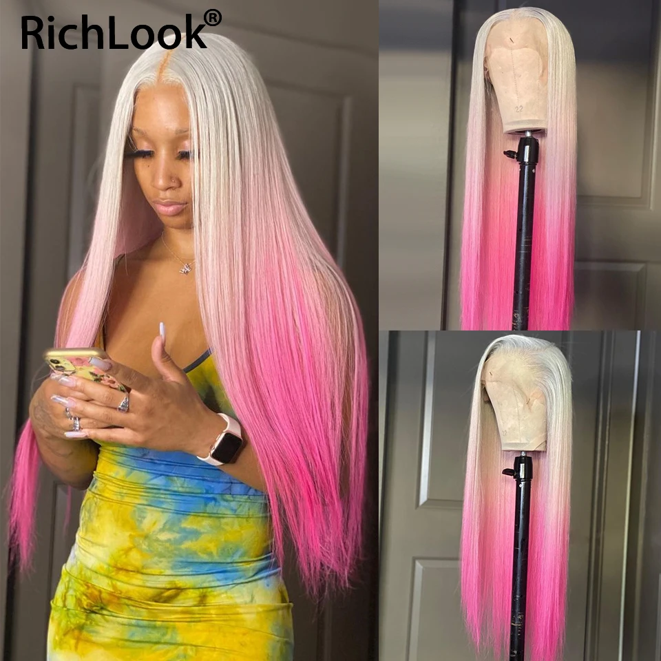 

Pink With Silver Grey Ombre 13x4 Colored Human Hair Lace Frontal Wigs For Women Pre Plucked Natural 613 HD Transparent Front Wig
