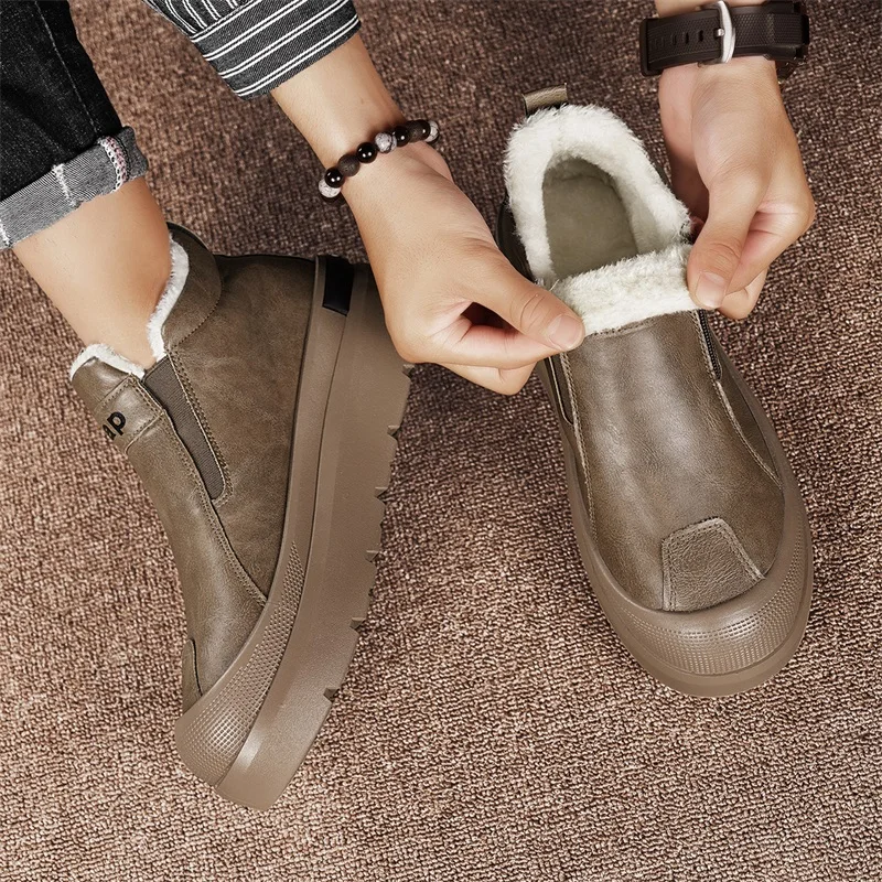 Пуховая зимняя обувь для мужчин коричневые кожаные ботинки на платформе мужская