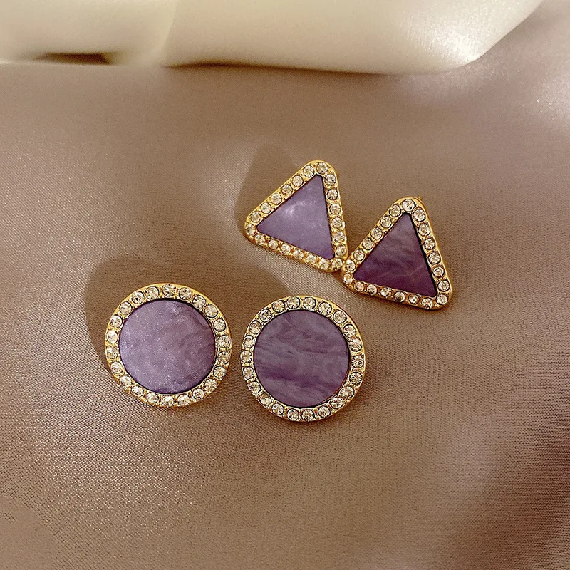 S925 Silver Needle Light Luxury Small Crowd Fantasy Purple Geometric Diamond Ear Studs Women's Advanced Sense Versatile Earrings