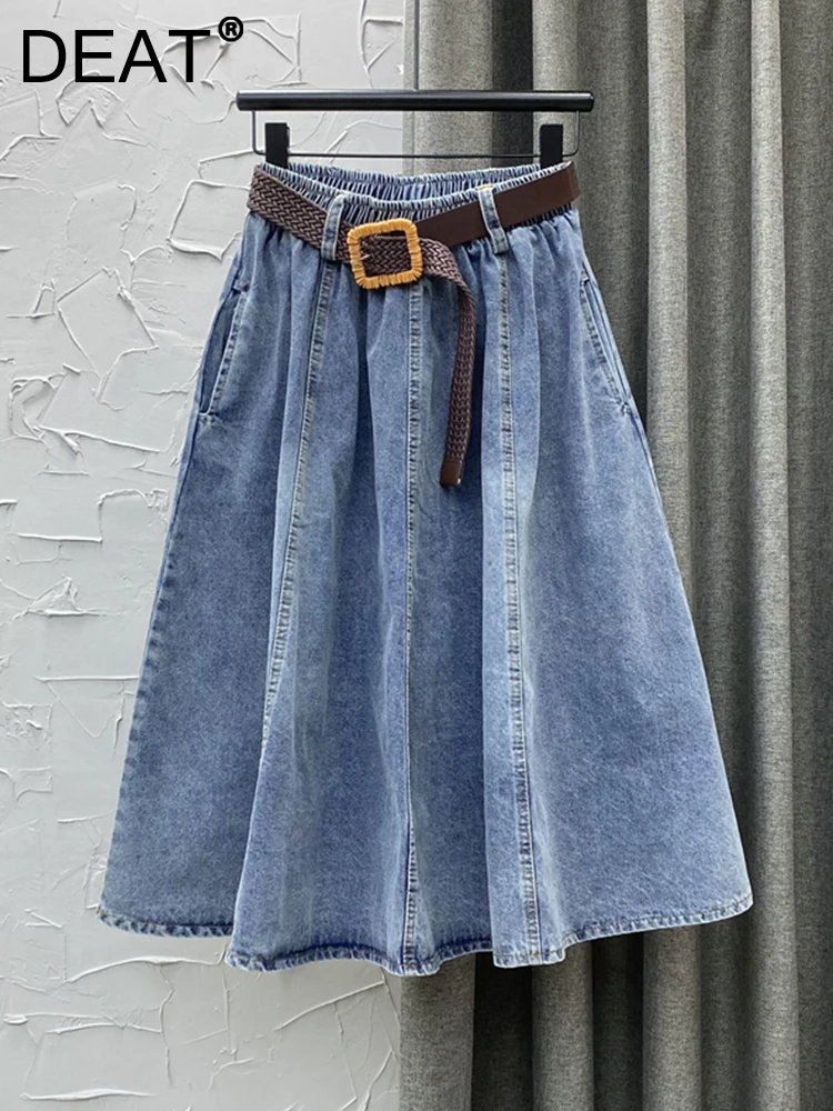 

Женская джинсовая юбка до середины икры DEAT, синяя плиссированная юбка А-силуэта составного кроя с поясом на резинке и высокой талией, лето ...