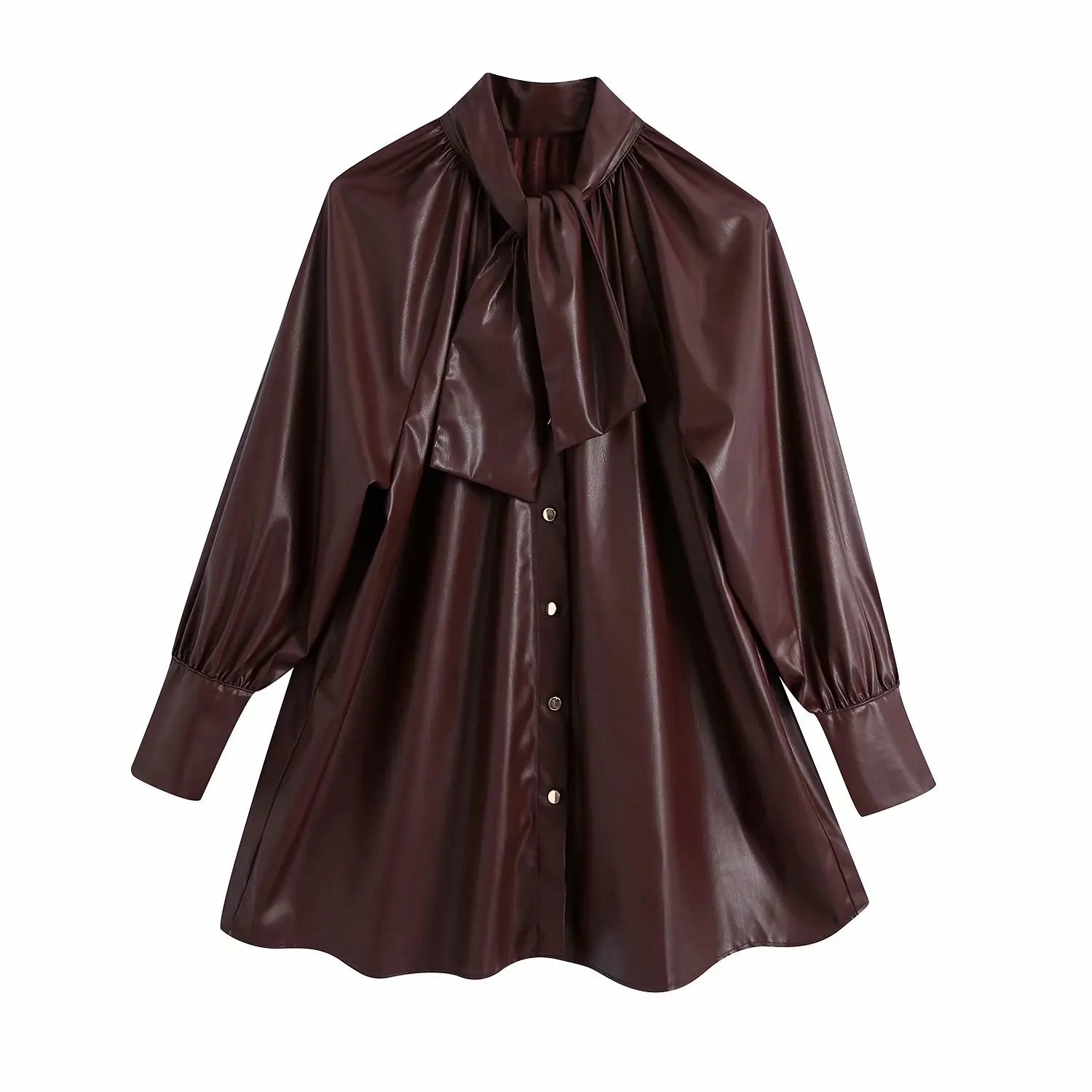 

2021 Fashion Ladies Autumn Oversized Single Breasted Shirt Vintage Woman Loose Burgundy Draped PU Blouse Female Casual Top