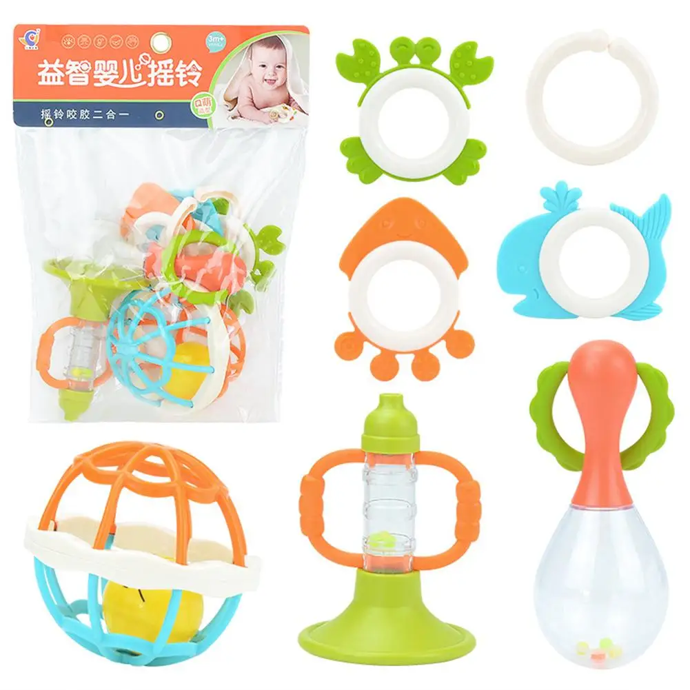 

7pcs Newborn Baby Rattles Set Soft Rubber Teething Toys Hot Sale Baby Early Educational Toys Gift For 0-1 Year Old