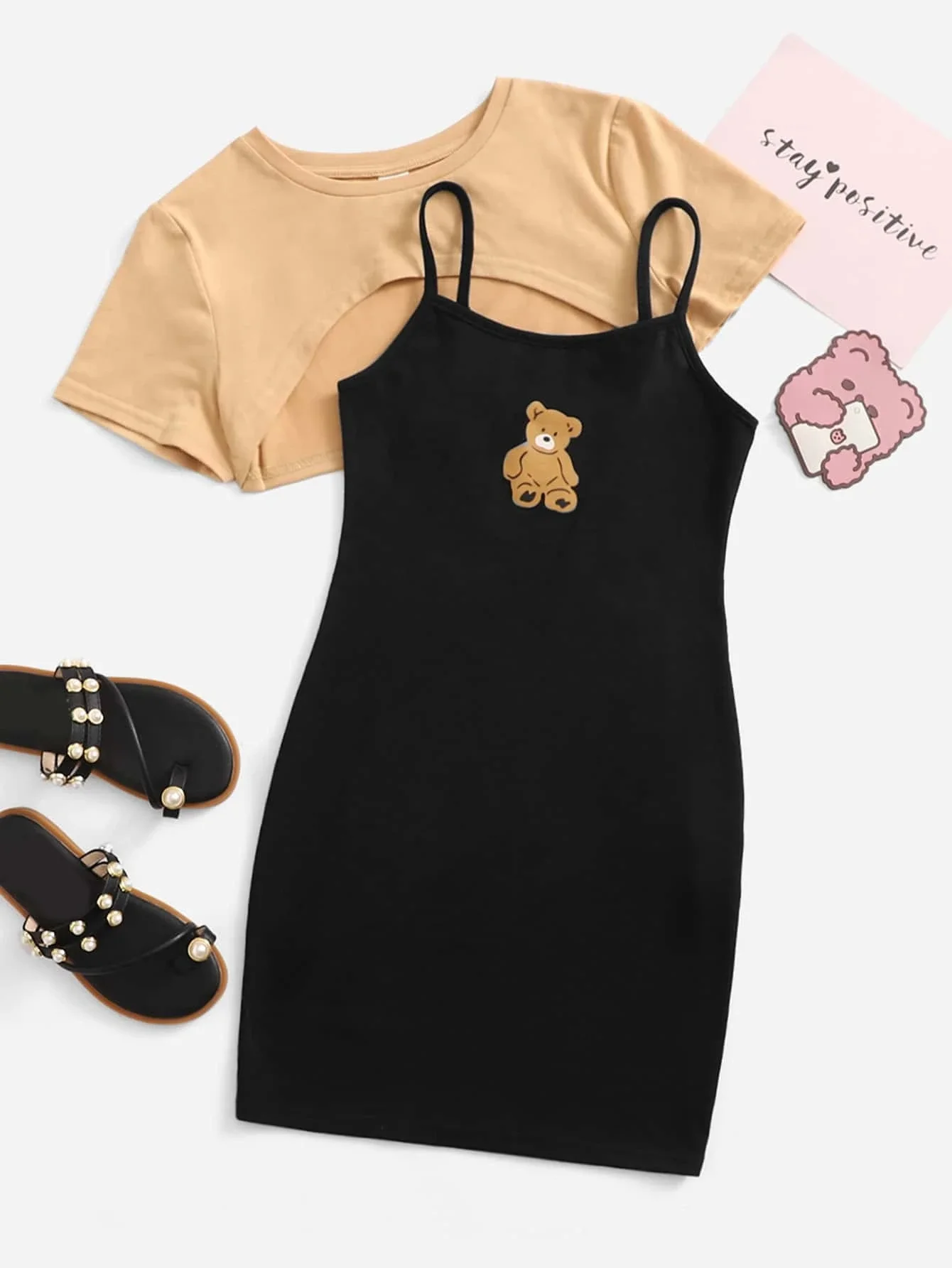

Girls High Low Hem Top & Bear Print Cami Dress