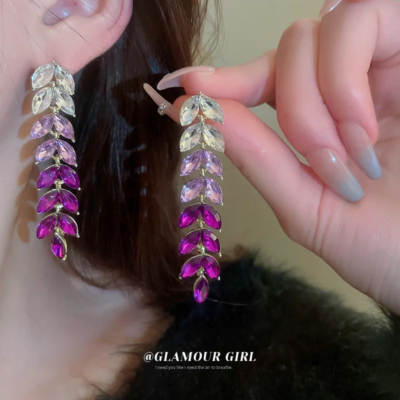 

2023 Korean Fashion Purple Gradient Crystal Leaf Tassel Earrings for Women Luxury Chic Daily Party Earrings Trendy Jewelry Gift