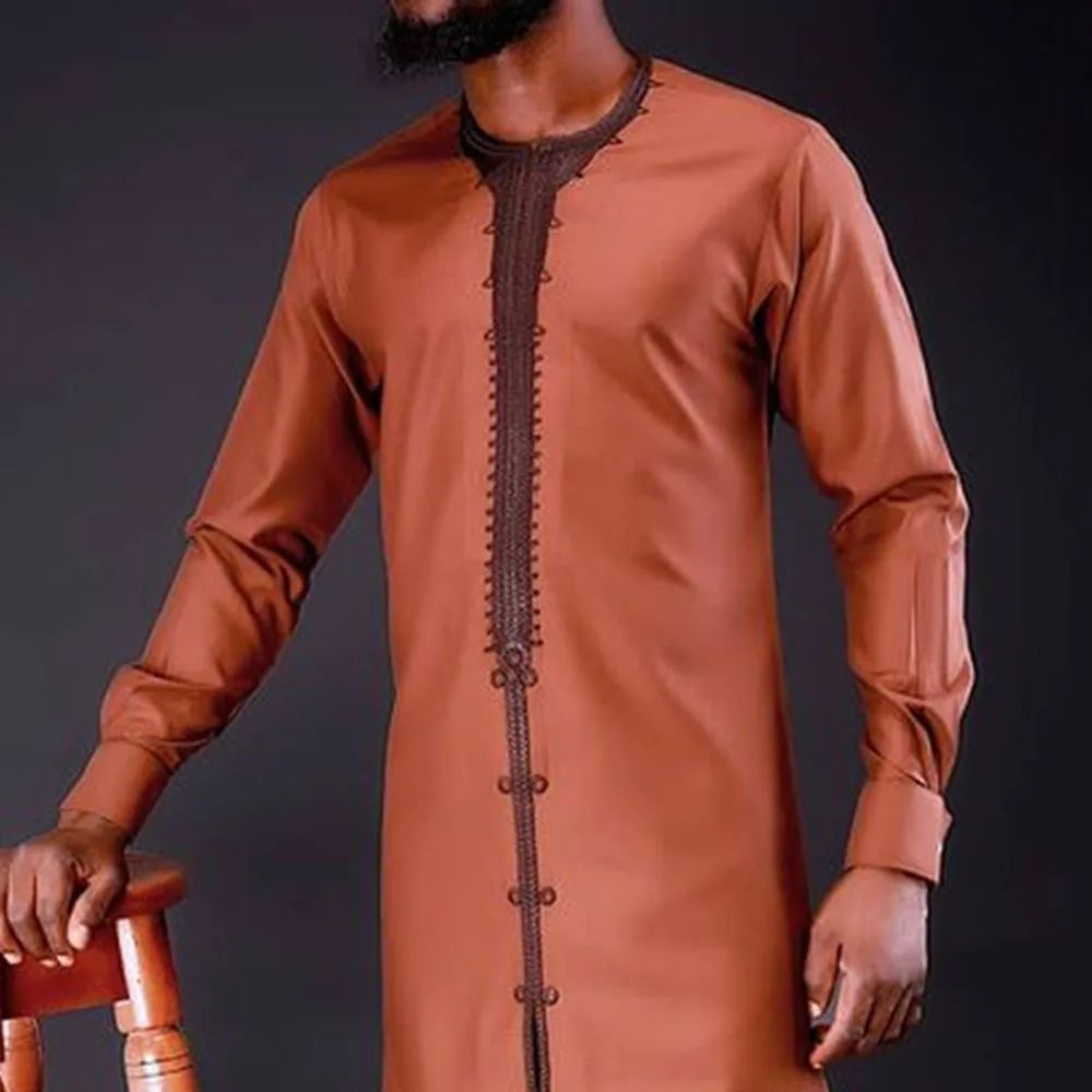 Muslim Fashion Men Shirt African Dubai Long Sleeve Arabian Mid-length Brown Two Piece Suit Casual Islamic Clothing Male Shirts