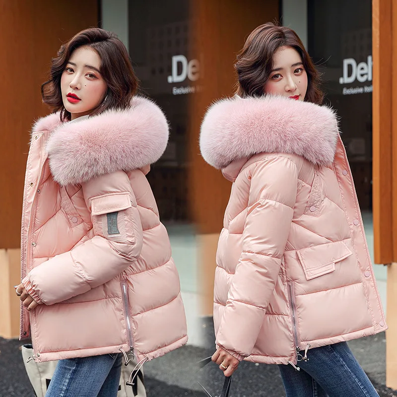 Bright Leather Cotton Coat Women's Winter Wear 2022 New Cotton Coat Wool Collar PU Cotton-padded Jacket Bread Clothing