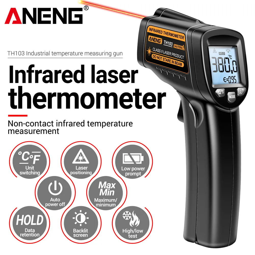 

Лазерный инфракрасный термометр ANENG TH103 класса II, Температурный датчик, тестеры, пистолет-20 °C ~ 380 ℃, промышленный тепловой трубчатый тестовый инструмент