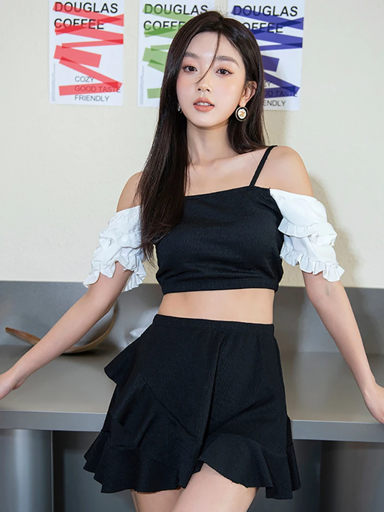 

Korean Swimwear Ladies Off Shoulder Tops + Ruffle Skirt Suit Female Summer Two Piece Student Long Sleeve Sunscreen Swimsuit