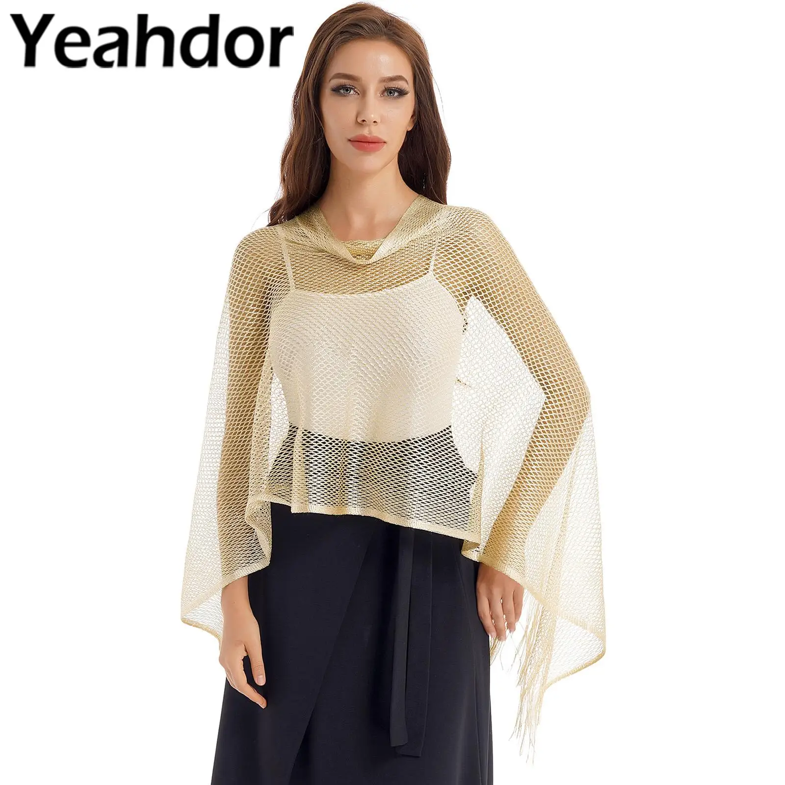 

Bridal Wrap Womens Elegant Shiny Fishnet Shrug Bolero Tassel Poncho Evening Party Cape Wedding Shawl Sun Protection Cover Ups