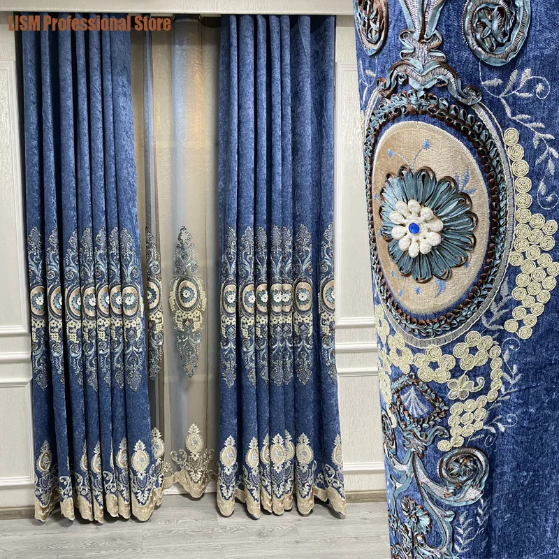

2022 European-style Modern Embroidered Curtains for Living Room Bedroom Study Floor Blackout Curtains Customization