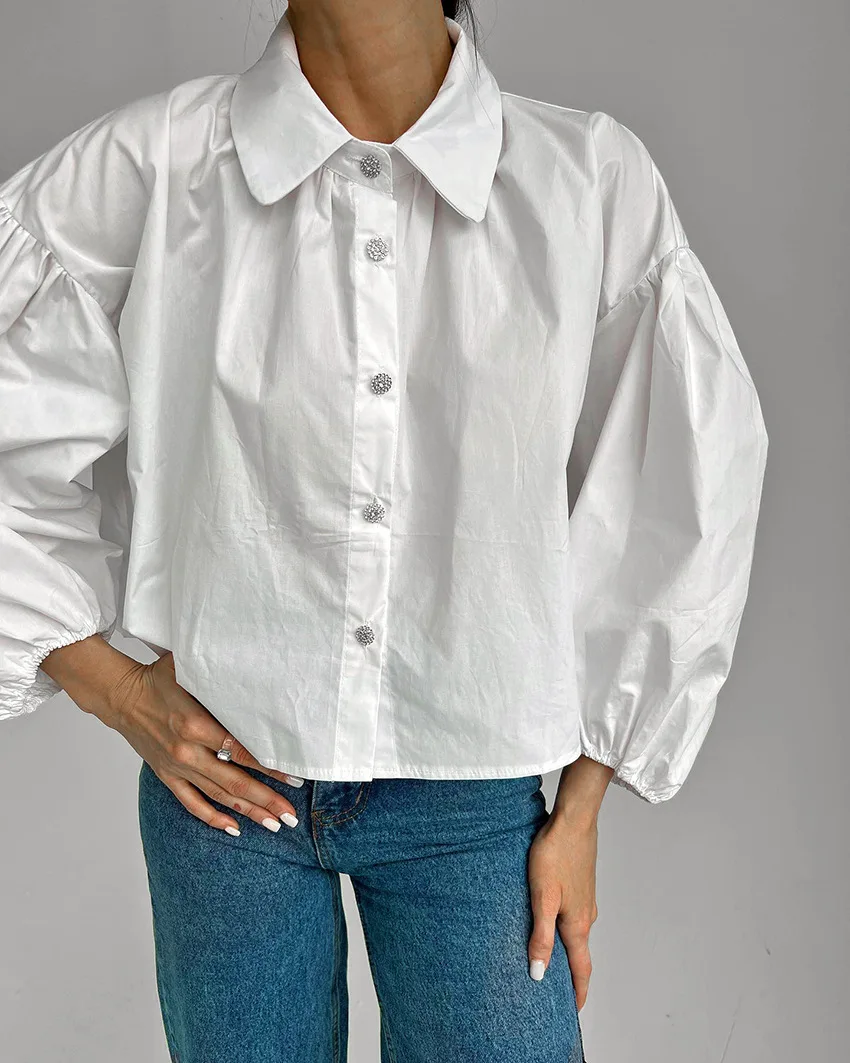 

Europe and The United States Autumn Winter New Temperament Commuter Women's Lapel Puffed Sleeves Drill Button Shirt