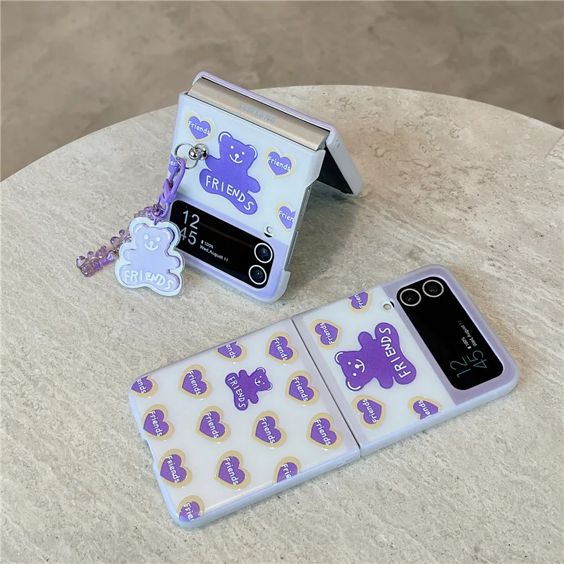 Cartoon Purple Love Heart Bear Phone Case for Samsung Galaxy Z Flip 4 3 Hard Cover for ZFlip3 Zflip4 Solid Shell Bracket