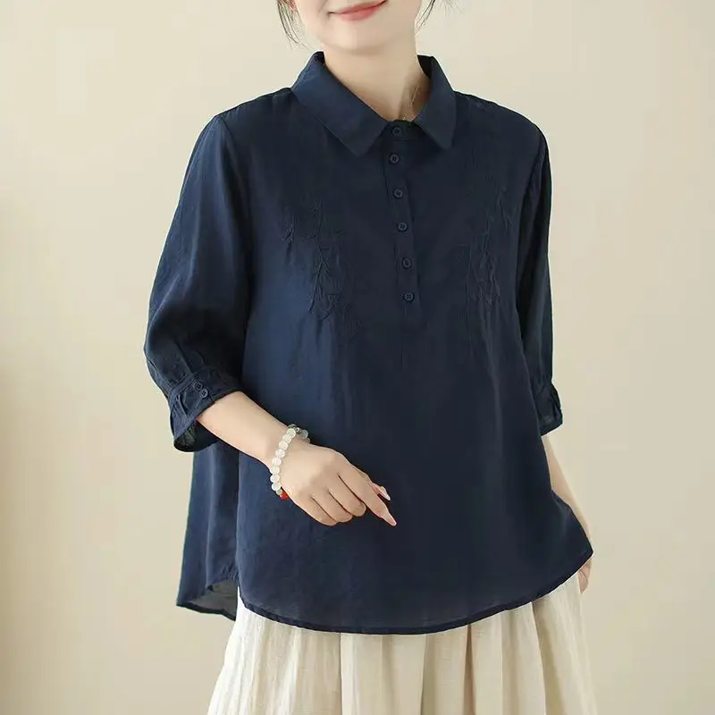 Женская одежда однотонный пуловер с отложным воротником на пуговицах вышивкой