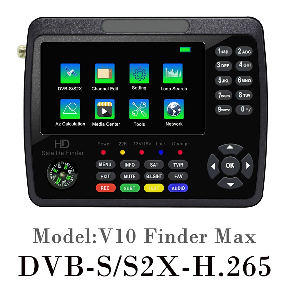 

V10 Finder Max спутниковый искатель цифровой счетчик H.264/H.265 10 бит декодирование спутниковый искатель совместимый с DVB-S/S2/S2X