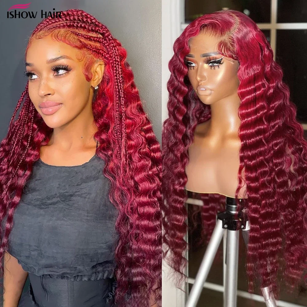 Ishow 30inch 99j Red Lace Front Human Hair Wigs Burgundy Transparent Deep Wave 13x4lace Frontal Wig Colored Human Hair Wigs Remy