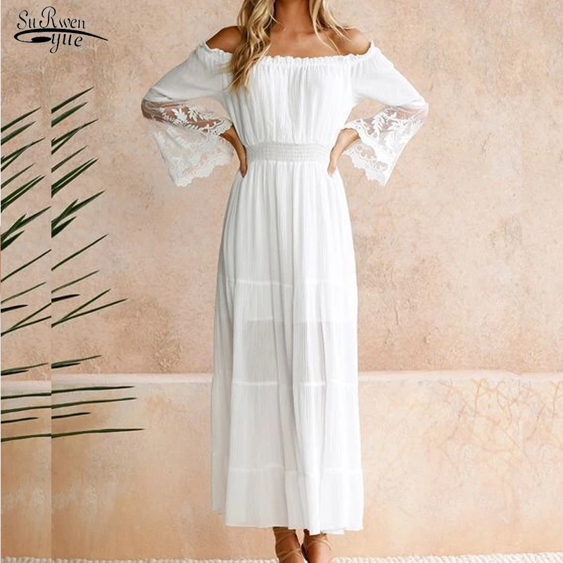 

Элегантное ажурное пикантное платье с цветочным узором, повседневное кружевное платье с открытыми плечами и вырезом лодочкой, белое платье...