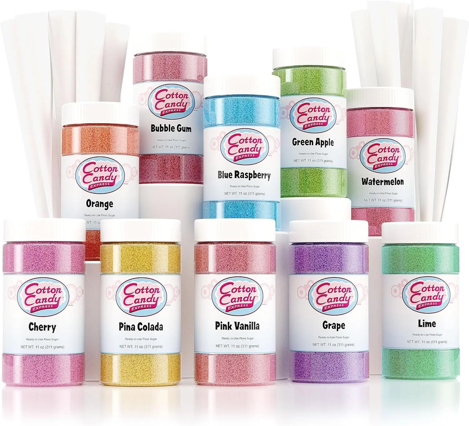 

Sugar and Cones Variety Pack with 10 - 11oz Plastic Jars of Assorted Flossing Sugars, Plus 100 Paper Cones. Use with Cotton Cand
