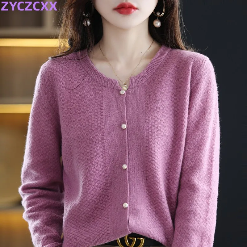 

ZYCZCXX 100% Merino Wool O Neck Sweater Women Spring And Autumn 2023 New Pearl Button Fashion Cashmere Knitted Cardigan Women...