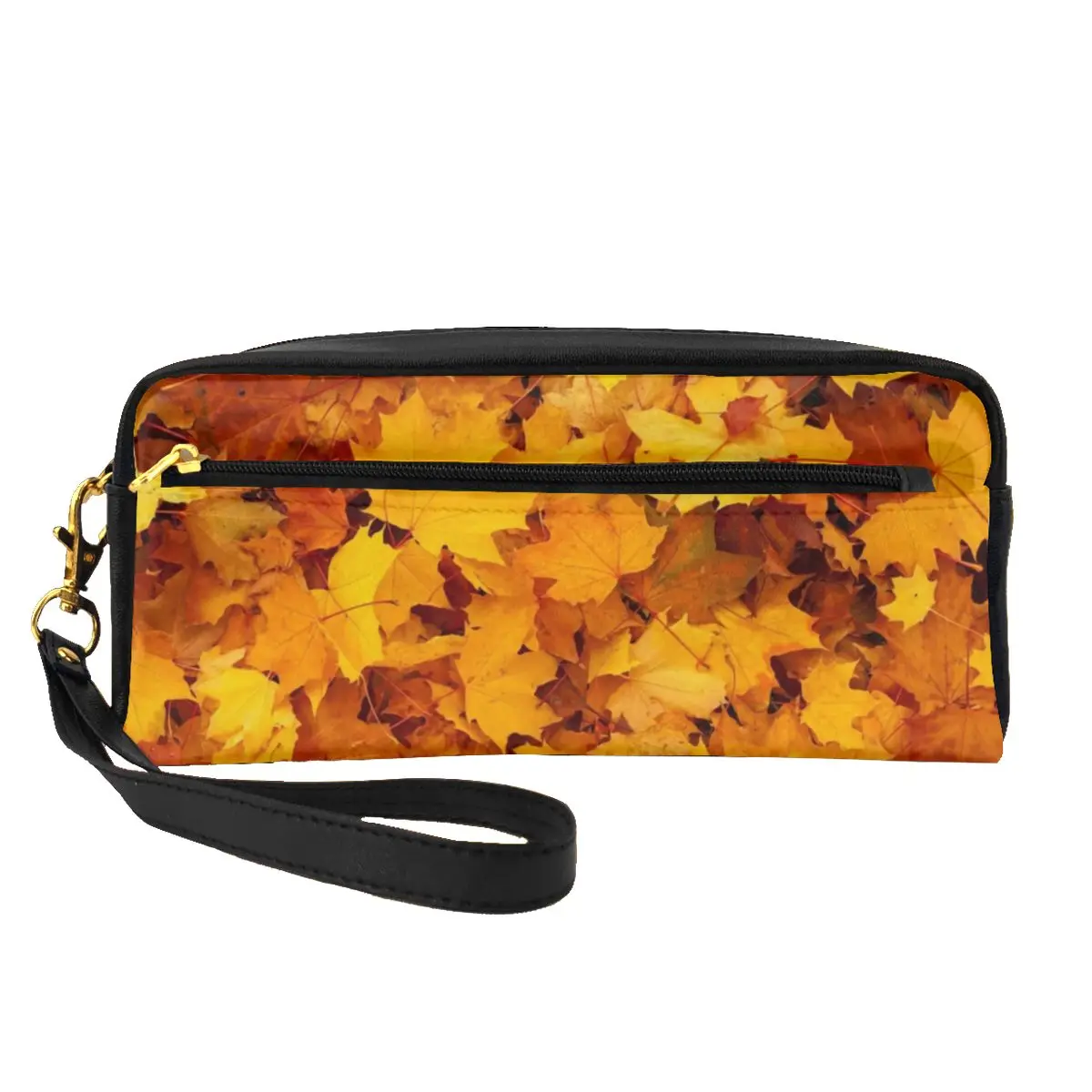 

Autumn Leaves Design Leather Storage Organizers Yellow Maple Leaf Couples Makeup Pouch Large Capacity Restroom Cosmetic Bags