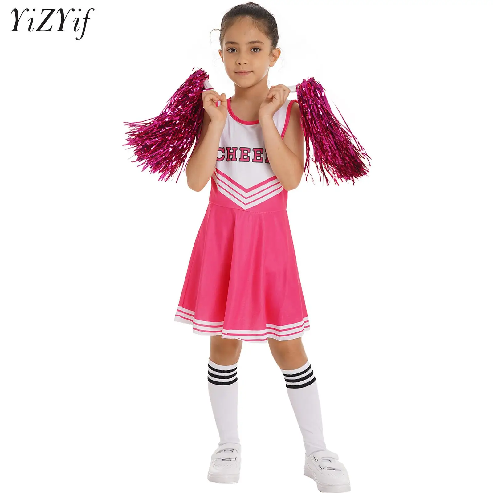 

Kids Girls Cheerleading Dance Outfit Schoolgirls Cheer Leader Uniform Sport Dress with Stockings 2 Pom Poms Team Show Costumes