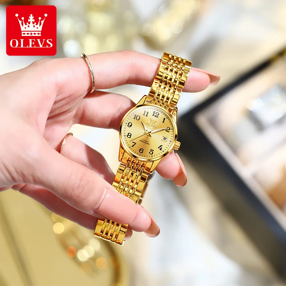 OLEVS Simple Women Mechanical Watch Luxury Gold Stainless Steel Waterproof Luminous Calendar Automatic Watch for Women Gift 6666