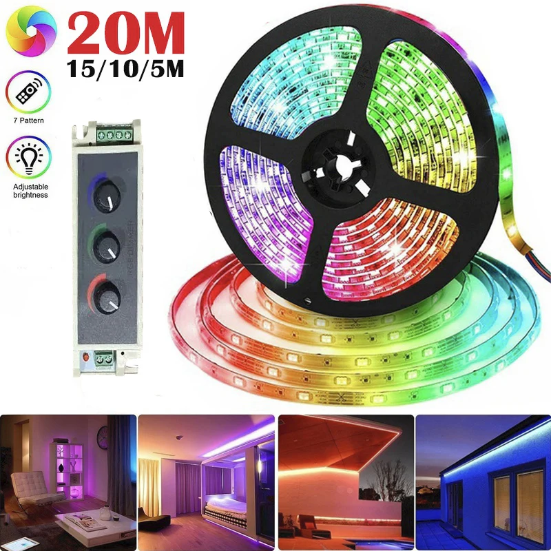 RGB 5050 SMD LED Strip RGB Knob Controller 8A 12V Complete Kit with Plug LE TV PC Light Bar Bedroom Decor Backlight