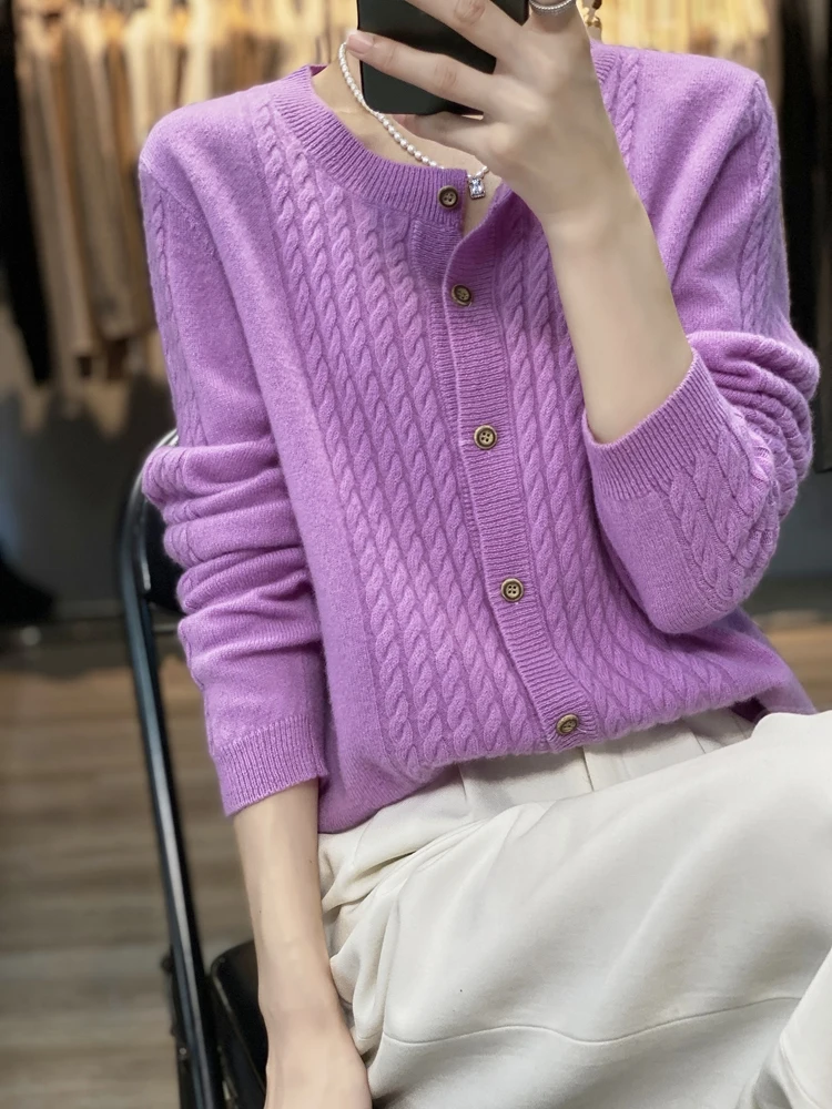 2023 Autumn And Winter New Round Neck Twist Flower 100% Pure Wool Sweater Cardigan Women's Loose And Thin All-Match