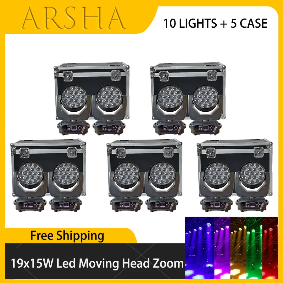 

10 PCS Lights + 5 PCS Flight Case 19x15w RGBW 4in1 Wash/Zoom Light With Ring Control DMX512 Moving Head Light DJ/Bar Stage Light