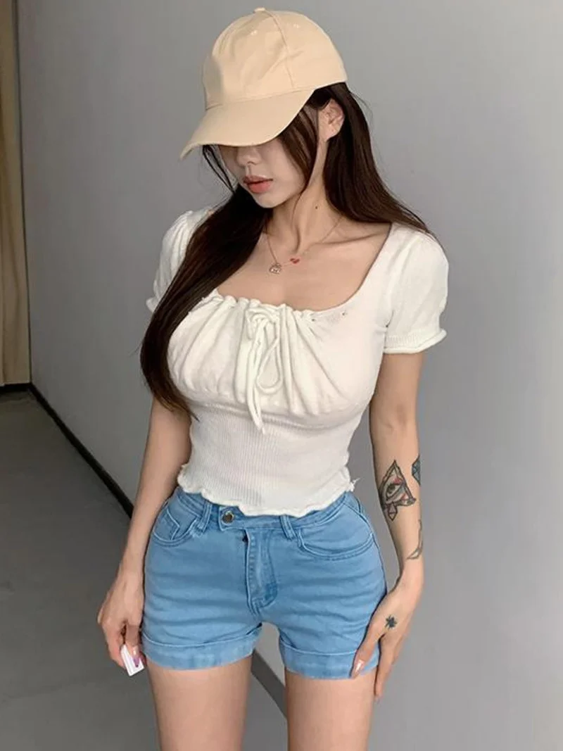 

Sweet Spicy WOMENGAGA Slim Square Neck Short Sleeve Knitted T-shirt Women Spring/Summer Puff Sleeve Hot Sexy Tees 43X3