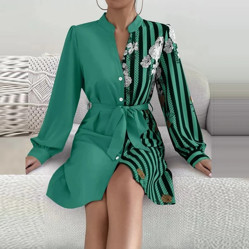 

Женское платье-рубашка в полоску, однобортное платье с V-образным вырезом и рукавами-фонариками, со шнуровкой на талии, 2023