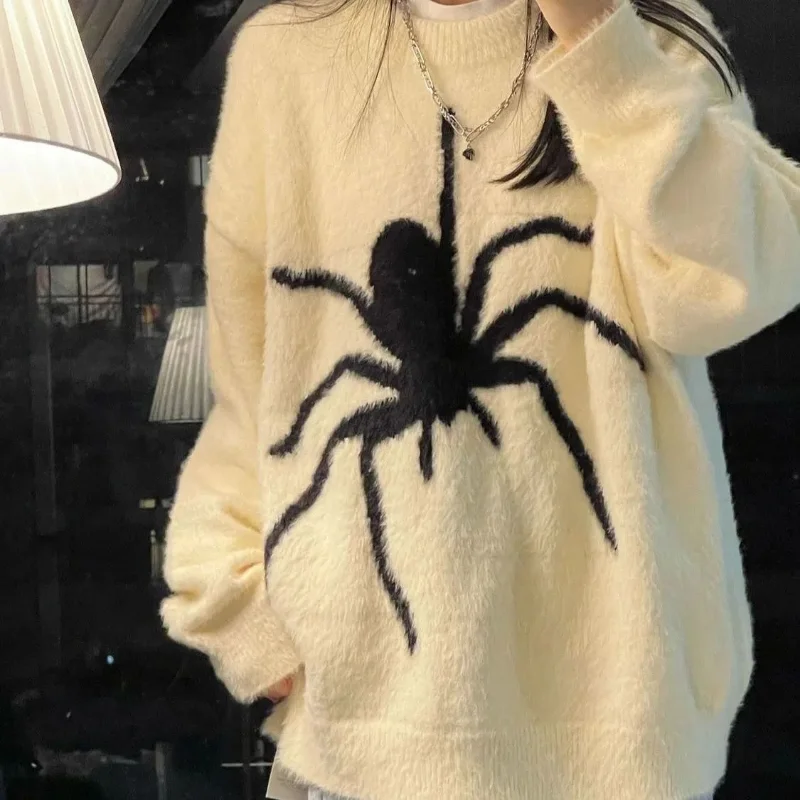 

Deeptown Gothic White Sweater Women Vintage Knitted Jumper Korean Fashion Oversized Streetwear Spider Knitwear Harajuku Preppy