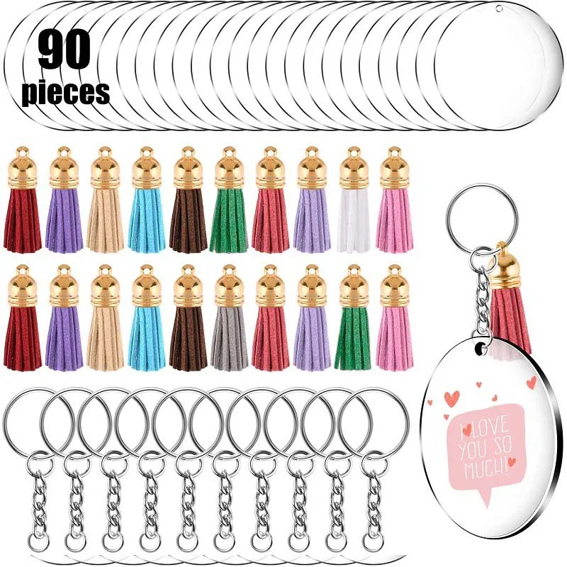 

30set Acrylic Clear Circle Discs Keychain Set Round Acrylic Keychain Blank Leather Tassel Pendant Jump Rings DIY Keychain