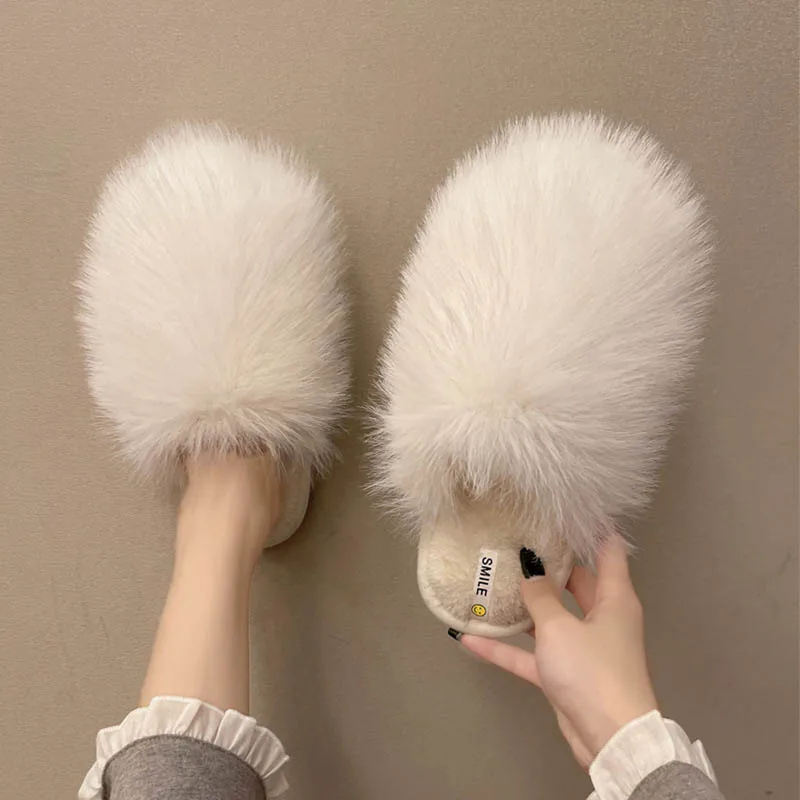 Women's Fuzzy Warm Flip Flops New Faux Fox Fur Slippers Fluffy Raccoon Fur Slides Flat Comfortable Home Shoes Plus Size Couple Y