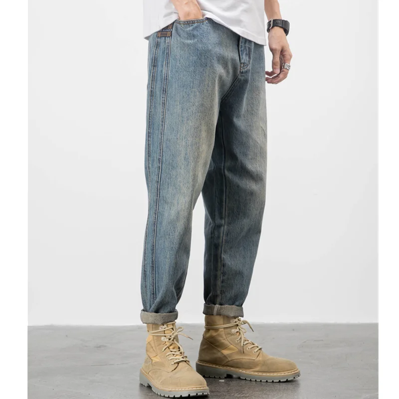 Streetwear Men New Pattern Vintage Recreational Martin Boots Pants Straight Cylinder Comfortable Loose Blue Jeans Autumn Female