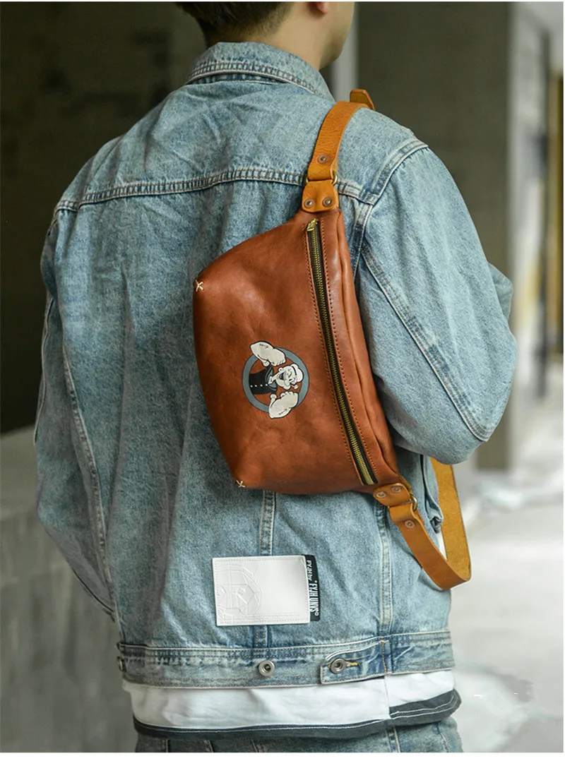 Simple casual high quality real leather men daily sports cartoon chest bag fashion hot sale designer cowhide messenger Waist bag