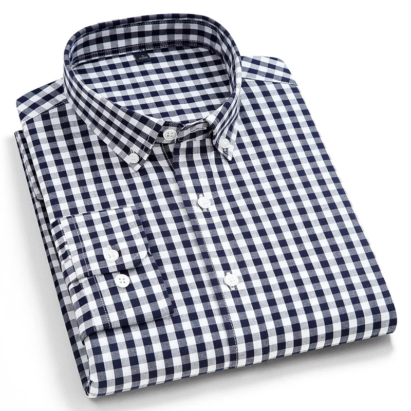 2022 New Cotton Small Plaid Shirt Gingham Grid Micro Elastic Spring and Autumn Long Sleeve Youth Shirt Men Shirts  Men Clothing