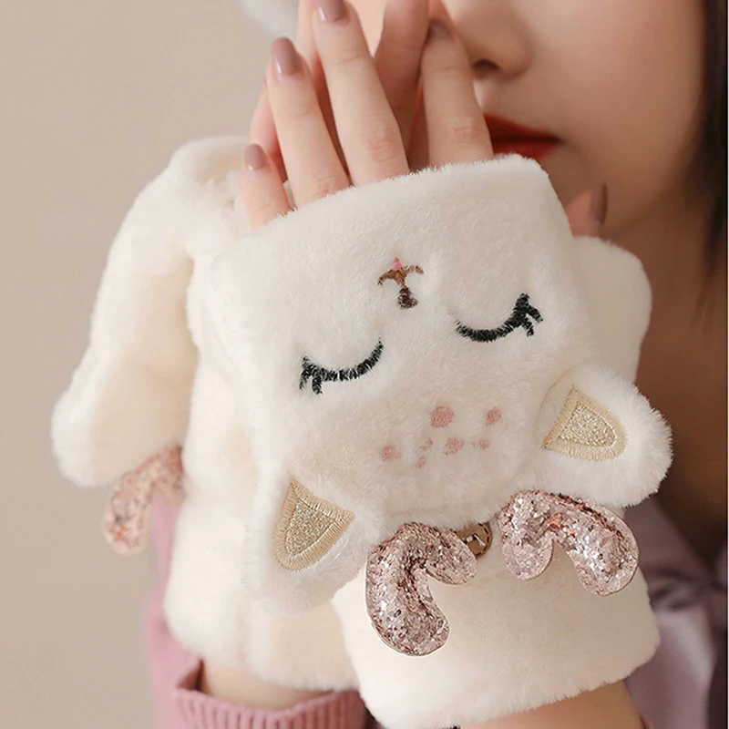 

Women Winter Fur Rabbit Mittens Fingerless Gloves Plush Warm Glove Winter Soft Thick Gloves For Women Girl Flexible Half Finger